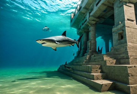 High Detailed photo underwater, arafed structure made of concrete blocks on the bottom of the ocean, epic 3 d yemaya, 1 5 6 6, artdeco, pyramid visor, 1666, jade, sci-fiish, artdevian, riding, steps, ffffound, hispanic, see fishes swimming, SC I  Y', online, small fish and two large sharks swim