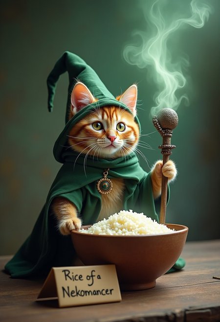 A cute kitten in a necromancer costume, with a magic staff in its paws, stands near a bowl of boiled rice, thick greenish steam rises from the bowl in the shape of a mouse.  The sign with text at the bottom of the picture says "Rice of a Nekomancer"