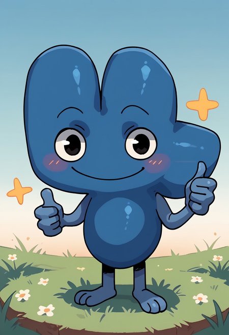 score_9_up, score_8_up, score_7_up, score_6_up, (detailed art style, shiny skin, detailed eyes) 
(Battle_For_Dream_Island), four_(bfb), 1boy, ((solo male)), ((solo focus)), alien, algebralien, blue skin, blue body, big eyes, black eyes, blush, smile, thumbs up, (simple background, gradient background), grass