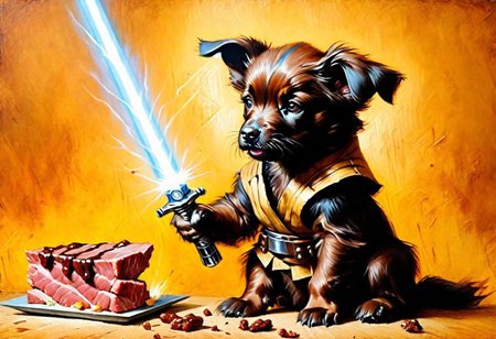 puppy wolverine Obi-Wan, grilling beef on light saber, 
Oil Painting, 
(Renaissance Paintings, Renaissance style, beautiful, painterly, detailed, textural, artistic),  (((intricate details, highly detailed, ultra-detailed, absurdres))), (unreal engine, octane rendering, Anti-Aliasing, sharp focus, natural lighting, high saturation, high contrast, vivid, vibrant, studio lighting, best texture quality), beautiful detailed scenery,