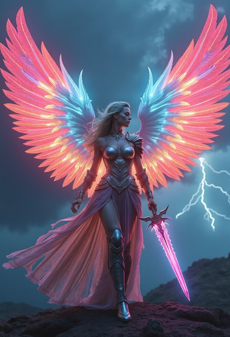 ethereal fantasy concept art of  neonpunk style close up portrait of A powerful, beautiful Asgardian warrior woman poses dynamically tall with glowing, ethereal wings arching from her back. The wings are large and feathered, radiating a mesmerizing glow that shifts from vibrant rainbow prismatic colours , as if woven from pure energy. Each feather appears semi-transparent, catching and reflecting light with a crystalline effect, casting a magical aura around her. Her wings pulse gently with a mystical light, accentuating her fierce, otherworldly presence. Dressed in ornate, silver Asgardian armor with intricate engravings, she holds a mighty prismatic sword, against a dramatic, darkened landscape under a stormy sky, illuminated by flashes of lightning. The overall scene is majestic, with an aura of ancient power and celestial beauty
<lora:Magic of Art 2 (FLUX):0.8> <lora:FredFraiStyle-FLUX-Share:0.8> . shallow depth of field, vignette, highly detailed, high budget, bokeh, cinemascope, moody, epic, gorgeous, film grain, grainy . cyberpunk, vaporwave, neon, vibes, vibrant, stunningly beautiful, crisp, detailed, sleek, ultramodern, magenta highlights, dark purple shadows, high contrast, cinematic, ultra detailed, intricate, professional . magnificent, celestial, ethereal, painterly, epic, majestic, magical, fantasy art, cover art, dreamy