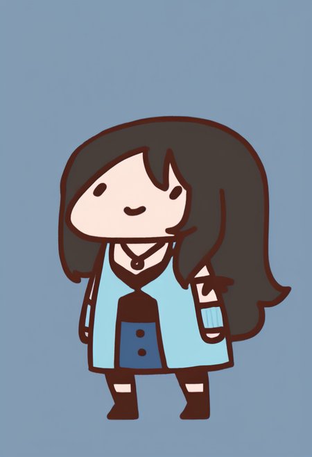masterpiece, best quality, chibi, full body, solo, 1girl, ffrnaht, smile, standing, black hair, long hair, dot eyes, necklace, light blue cardigan, cleavage, black shirt, sleeveless, blue skirt, shorts under skirt, arm ribbon, arm warmers, black boots, simple background