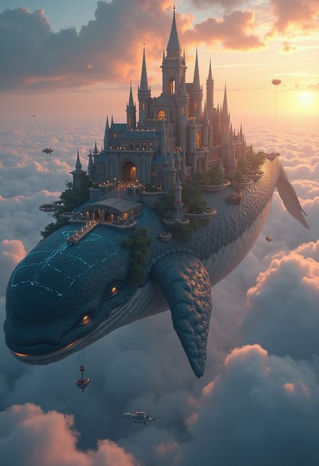 High above the clouds, a sprawling city sits on the back of a massive, floating whale. The whale’s skin glows faintly, rippling with the bioluminescence of a thousand tiny creatures living on its surface. The city itself is a marvel of engineering, with tall spires, bridges, and intricate towers that extend across the whale’s vast back. Airships and flying creatures dart between the buildings, and the people below live in harmony with the whale, tending to gardens that float in the sky and collecting water from the misty clouds. The whale glides gracefully through the air, its slow, rhythmic movements casting a peaceful calm over the city, while above, the sun sets, painting the clouds with hues of pink, gold, and purple.