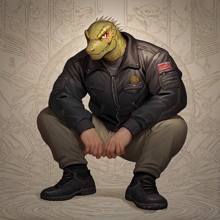 score_8_up, score_7_up, score_6_up, detailed background, source_furry, random position, random angle, 1boy, solo, bara,  full body,   <lora:Kaiman-000009:0.9> kaiman, lizard head, bara, human body, jacket, pants, 1boy, solo,
