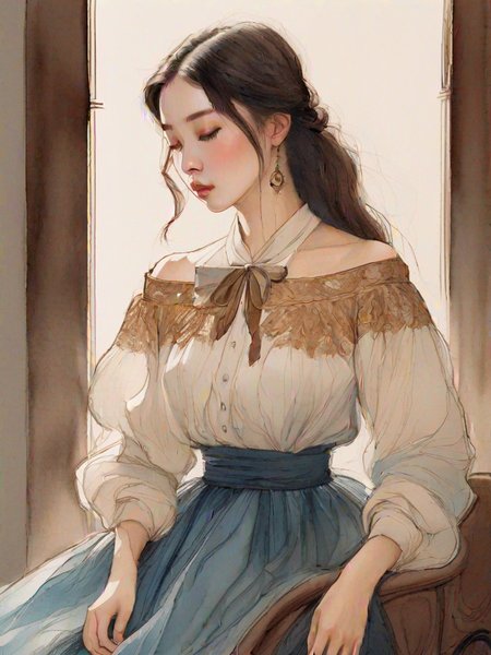 a illustration of a sketch art **** by Jeong Won An.This is a detailed,digital illustration of a young woman with a fair complexion and long,straight,dark brown hair cascading down her back. She has large,expressive eyes with a warm amber hue,and a delicate,almost ethereal appearance. Her left hand is gently covering her face,partially obscuring her eyes,while her right hand is resting on her chest. She is wearing an off-the-shoulder,white blouse with ******* and a large bow at the neck,adding a touch of elegance and sophistication to her attire. The blouse is paired with a high-waisted,patterned skirt in shades of blue,brown,and gold,featuring intricate floral and geometric designs.,
The background is a rich,dark,almost black color,adorned with swirling,abstract patterns in various shades of brown,gold,and blue,which create a sense of depth and movement. The overall style of the illustration is a blend of contemporary digital art with a hint of traditional Japanese aesthetics,characterized by (detailed line work) and soft,gradient shading. The image has a dreamy,almost otherworldly quality,enhanced by the use of soft,pastel colors and the delicate,flowing nature of the woman's attire.concept,pencil and (watercolors),(de-saturated colors),jewoan,