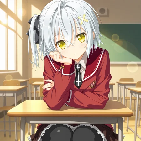 <lora:Hotaru_Rinne_5_nai-000008:1>,official art,
Hotaru Rinne,white hair,x hair ornament,one side up,hair ribbon,black ribbon,
school uniform,black pantyhose,pleated skirt,red jacket,puffy long sleeves,red sailor collar,brown skirt,frilled skirt,miniskirt,collared shirt,black necktie,cross print,
1girl,solo,classroom,front view,looking at viewer,head tilt,head rest,arm on table,depth of field,lens_flare,