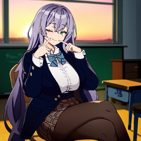 1girl, amagasa tsuzuri, black cardigan, blazer, blue bow, blue bowtie, blue jacket, blurry, blurry background, bow, bowtie, breasts, brown pantyhose, brown skirt, cardigan, chair, classroom, closed mouth, collared shirt, crossed legs, cuff links, desk, finger to mouth, green eyes, hair between eyes, half-closed eye, indoors, jacket, large breasts, long hair, long sleeves, mole, mole under eye, one eye closed, pantyhose, plaid, plaid skirt, purple hair, school chair, shirt, shushing, sidelocks, sitting, sitting sideways, skirt, smile, solo, sunset, very long hair, white shirt,