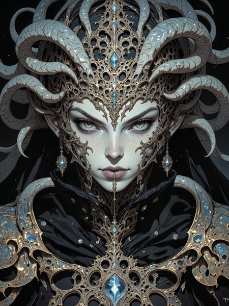 famous masterwork portrait painting of a beautiful woman, highly aesthetic, stunning, hyper-realistic, photo-realistic, ultra detailed, high resolution, uhd, 8k, 4k, epic, dramatic, accurate, symmetrical composition, at night, dim lighting, as our crowns begin to rust, karmic debt that burns to dust, incinerate our beings as you must, when will you come? where will we be? when will you come for me? as saturn's coming down, mutated forms, writhing appendages, black knight, a thousand eyes, hazy night, cold light, forgotten prophecy, eye of the mind, color gradients, lovecraftian, cthulhu mythos, ovg, in the style of ckpf, amanoer,  <lora:style-painterly_fantasy-flux-by_chronoknight:0.76> <lora:style-retro_anime-flux-by_lizardman245:0.44> <lora:style-yoshitaka_amano-elden_ring-flux-by_alicient:0.68>