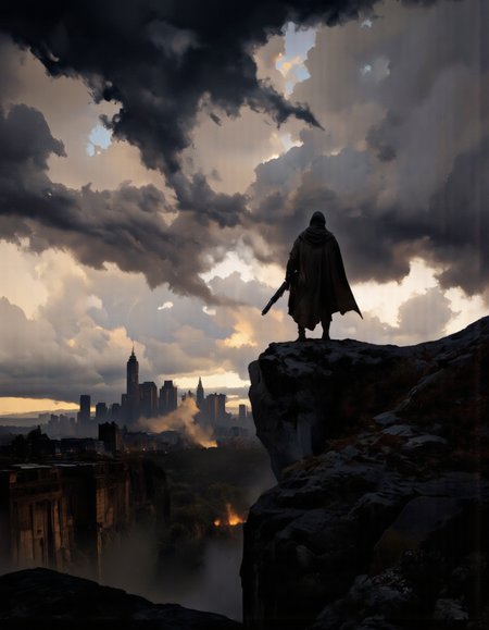 Art by Piotr JabÅoÅski. A dramatic digital illustration shoot from the side about a lone figure in a hooded cloak stands on a rocky ledge, holding a rifle, facing a distant cityscape with a stormy sky and dramatic clouds. the image also shows dramatic lighting effects. on the middle of the image, a man, who appears to be in his mid-twenties, stands with his full body visible, wearing a dark cloak and holding a large rifle. he is facing away from the viewer, with a determined expression on his face. the man is standing on the edge of a cliff, with his back to the viewer. in the background, a cityscape is visible, with tall buildings and a cloudy sky, illuminated by dramatic light beams. the overall mood is dark and moody, with dramatic clouds and a sense of foreboding.