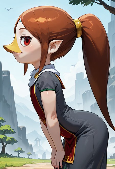 masterpiece, best quality, solo, curvy, beautiful eyes,  narrow waist, shiny skin,zzMedli, solo, 1girl, brown hair, beak, pointy ears, bird, long hair, long hair, red eyes, ponytail, blue dress, red tabard, ,<lora:MedliZelda_IXL_v2:1.0>, bent over, hands on knees, side view, flirty smile, cowboy shot, looking at viewer,
