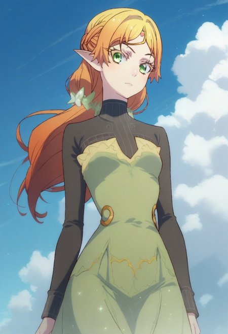 score_9, score_8_up, score_7_up, professional anime,HD,1girl,solo, (elf from isekai ojisan), perfect body,short female,petite body,wide hips,cute girl,elf, ccc,dress,