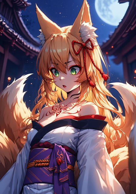 PonyScores7,1girl, Tamamo, masterpiece, best quality, very aesthetic, absurdres, depth of field, blurry background, light particles, bokeh, warm colors, ambient lighting, ,//Character, 1girl, Tamamo, blonde hair, red hair ribbon, long hair, kitsune, green eyes, cat ears, n3ko, ((fox ears)), (fox tail), hidden ears, ((ears under hair)), (red eyeliner), monster girl, slit pupils, multiple tails, red tattoo on chest, BREAK, ,//Background, japanese palace, night, moon, white kimono, sash, upper body, confused, surprised, (dynamic pose) <lora:zy_Detailed_Backgrounds_v1:1.5> <lora:StS_PonyXL_Detail_Slider_v1.4_iteration_3:3> <lora:Anime_Enhancer:1>  <lora:Tamamo:0.8>