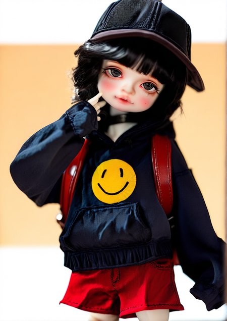 <lora:MYOU_DOLL:1.3>,1girl, child, young girl, backpack, bag, baseball cap, black eyes, black hair, black headwear, black hoodie, choker, collar, hand on own cheek, hand on own face, hat, hood, hoodie, looking at viewer, medium hair, red shorts, shorts, sleeves past wrists, smiley face, solo, 
very awa, masterpiece, best quality, newest, highres, absurdes,amazing quality