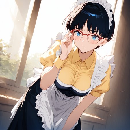 cowboy_shot,masterpiece,high score,great score,absurdres,<lora:Arisu_Kurata ag4o v1:1> arisu, black hair, short hair, glasses, blue eyes,maid,yellow shirt,