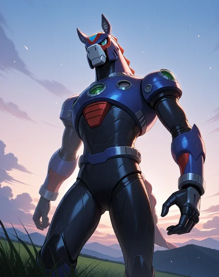<lora:Reploid_(Mega_Man_X)_(Illustrious)_(AD):1.5> reploid, MMX, 
exterior, sky with clouds, grassy valley,
male focus, intense shadows, dynamic shadows, intricate details, attention to details, gradient coloring, bright vivid colors, robot, bent leg, glossy metal body, cowboy shot, horse reploid, 
BREAK very awe, masterpiece, best quality, amazing quality, very aesthetic, highres, absurdres,  
EZRealPONYXL, zPDXL, Smooth Quality, lazynsfw,