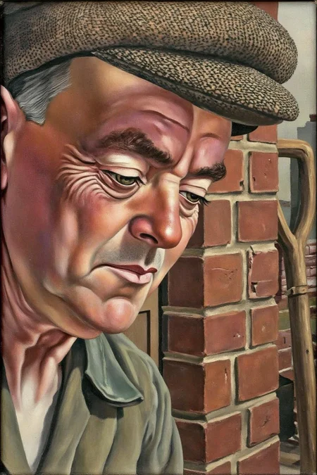 sspencer1 painting.
Close-up portrait of a middle-aged man, wearing a cap. The man's face is portrayed in a contemplative, introspective manner, with his eyes looking downward and to the right. He is standing beside a brick wall with a shovel leaning against it.
 <lora:sspencer1_cap_d6a3:1.0><lora:832109433816364787:0>