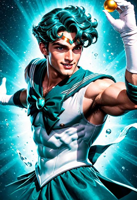 League of Legends, 1male, male focus, riot style, digital art, concept art, realistic, fantasy, 4k, best quality, masterpiece, extremely detailed, very detailed face, very detailed eyes, dynamic angle, seen from above, perspective shot, dynamic pose, fighting pose, 3D, vintage sci fi poster of a thin male, MAN, MALE, tall, gorgeous, male model, stunning, teal hair, wavy hair, long hair, hair to the shoulders, combed hair, fingerwave hairstyle, round face, huge plumped lips, big lips, blushed, videogame eyes, man only, seductive, beautiful, romantic, smirking, wearing a sailor neptune dress, sailor senshi uniform, holding a hand mirror, flying in space, surrounded by water, (cinematic light, volumetric), Cinematic Shot, splash art