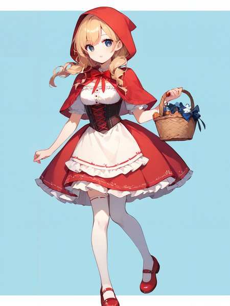 score_9, score_8_up, score_7_up,source_anime, high res image,masterpiece,best quality,girl,cute face,clear skin,shiny hair,ultra detailed eyes,simple background, <lora:Little Red Riding Hood_pony_V1.0:0.8> little red riding hood, red dress, basket, skirt, corset , frills,thighhighs,shoes