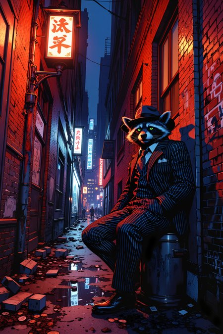 In a shadow-drenched, neon-lit alleyway, a slick raccoon gangster clad in a pinstripe suit and a tiny fedora leans casually against a graffiti-splattered wall. His eyes, mischievous and glinting with neon green light, dart between the flickering signs and puddles reflecting erratic colors. The alleyâs damp pavement is littered with discarded takeout boxes and scattered tokens from underground gambling dens. A vintage streetlamp sputters erratically above him, casting long, shifting shadows that dance with each subtle movement. His perfectly pressed suit contrasts sharply with the chaotic urban backdrop, where broken glass and spray-painted slogans hint at a recent turf war. A discarded cigar butt smolders in a nearby trash can, its embers mirroring the rebellious fire in his eyes. The scent of rain and city grit mingles with the sharp aroma of espresso from a hidden cafÃ© around the corner. Every element of the sceneâfrom the neon reflections to the raccoonâs sly smirkâexudes a blend of old-school gangster cool and futuristic urban chaos. The moment is a vibrant snapshot of an underworld where style and mischief collide in a surreal dance. <lora:RetroAnimeFluxV1:0.4> <lora:Vintage comic book:0.7> <lora:MoriiMee_Gothic_Niji_Style_FLUX:1.0>