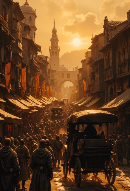 Depict a bustling medieval marketplace street during a golden-hour sunset, filled with an overwhelming crowd of people, carriages, and market stalls. The scene is alive with activity, as merchants, townsfolk, and travelers move about in a dense, chaotic atmosphere.  The architecture features tall, historic buildings with ornate facades, draped with fabric awnings that cast long shadows over the street. Horse-drawn carriages are seen in a procession down the middle of the street, their weathered coverings and intricate wooden designs reflecting the light of the setting sun.  The crowd is varied, with individuals dressed in medieval garmentsârobes, tunics, and headscarvesâengaged in trade, conversation, or simply observing. The street is dusty, kicked up by the movement of the carriages and horses, creating a dramatic interplay of light and shadow in the hazy air.  In the background, a bridge and distant bell tower rise above the scene, enveloped in the warm orange and gold tones of the sunset. The overall atmosphere conveys the vibrant, chaotic energy of medieval life in a thriving town. <lora:ancient.safetensors:0.15>, <lora:Magic_of_Art_(FLUX).safetensors:0.5>,  <lora:fantasy-flux-v1.safetensors:1.0>,  <lora:Movie_Portrait.safetensors:0.5>,  <lora:- Flux1 - soothing_atmo_V2.0.safetensors:0.2>,  <lora:lith_mimosa_kiel_grw134_FLUX.safetensors:0.4>,