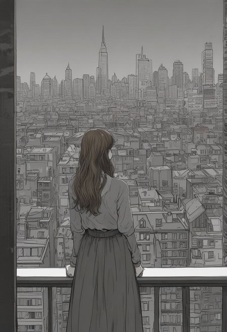 the girl is on the top of a building looking around in the distance, 1girl, solo, long hair, skirt, light brown hair, casual dress, arms behind back, gloomy, spooky, (masterpiece:1.4, best quality:1.4, illustration:1.4, ultra-detailed, best aesthetic)