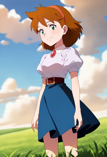 masterpiece, best quality, very aesthetic, absurdres,
1girl, janebuxton, brown hair, short hair, green eyes, hairband, 
brooch, puffy short sleeves, dark blue skirt, belt, 
standing, solo, looking at viewer, smile, blue sky, grass, cloud, meadow background,    <lora:JaneBuxtonNoobXL_byKonan:1>