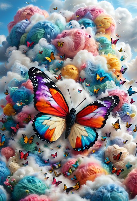 <lora:Yarnworld:1> cute, colorful, vivid and whimsical, imaginative, surreal fantasy,  An epic image of yrnwrld Butterfly in the clouds, ((dynamic angle, dynamic view,dynamic pose)), blurred background, 
<lora:add-detail-xl:1> ,  <lora:aidmaImageUpgraderSDXL-v0.3:0.75> aidmaimageupgrader,   <lora:xl_more_art-full_v1:1>,