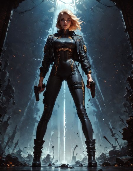 score_9, score_8_up, score_7_up, score_6_up, score_5_up, score_4_up,  1girl, full body, standing, legs apart, black pants, black shoes, holding gun, aiming, aiming at viewer, finger on trigger, two handed, FBI agent, blonde hair, short hair, posing, female focus, black suit, black uniform, solo, perfect female body, perfect eyes, posing for magazine, shiny skin, golden trim
