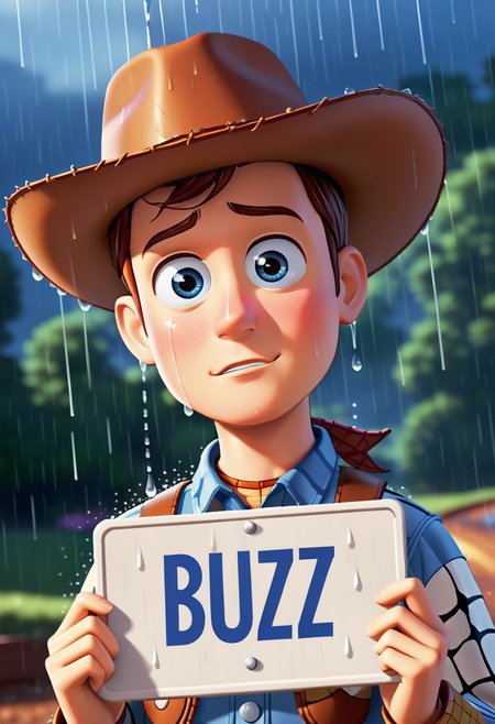 Woody from toy story with cowboy hat, big sad eyes with tears,  looking at viewer, holding a sign that says “Need BUZZ”, text, It is pouring down rain.