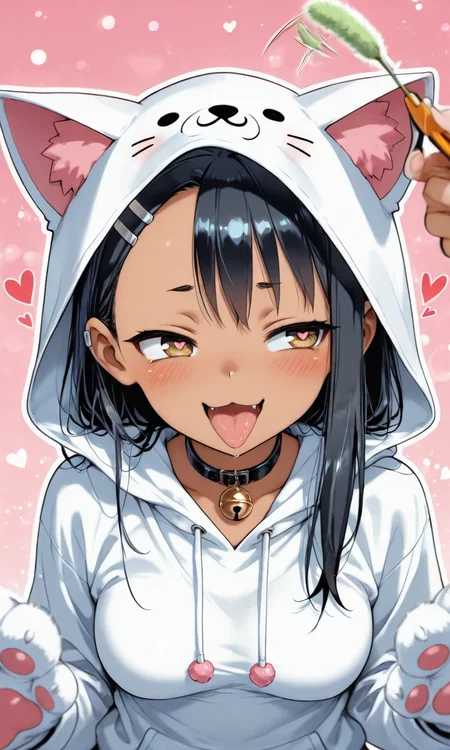 masterpiece, cute, lovely, (best quality:1.3), (amazing quality:1.3) ,very aesthetic, 1girl, solo, blush, (medium breasts:1.2), face satisfied, high gradient eyes, Nagatoro_Hayase_Style, black_hair, brown_eyes, bangs, long_hair, hairclip, hair_ornament, straight_hair, very cute, light particles, cute details, cute colors, naughty face, smug, BREAK, :3, animal ears, animal hands, bell,blush, cat ears, cat girl, cat paws, cat teaser, gloves, heart, heart-shaped pupils, hood, hoodie, motion blur, neck bell, one eye closed, open mouth, outline, paw gloves, pink background, symbol-shaped pupils, tongue, tongue out, white hoodie