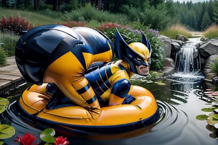 wolverine mask, muscular butch woman, (pooltoy:0.8), floating on pond, canadian wilderness  masterpiece ,best quality, side view, full body, sideview, short, (wolverine costume),  solo, claws, smile