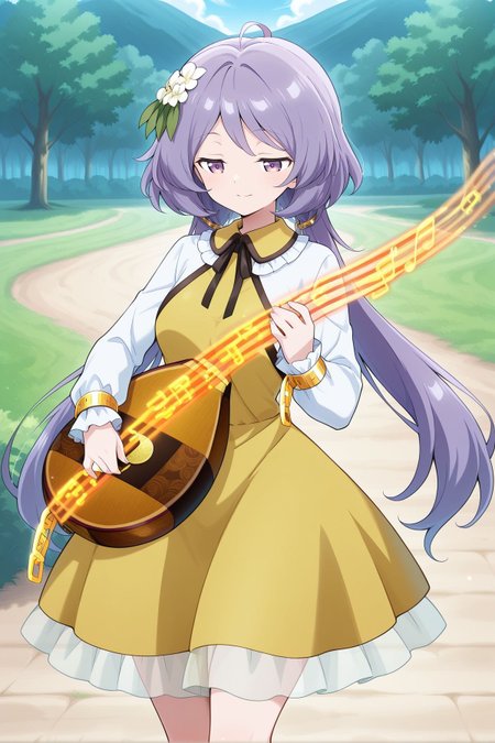absurdres, highres, masterpiece, best quality, amazing quality, official anime artwork, screencap, anime screencap, outdoors, looking at viewer, light smile, dynamic pose, standing,
 <lora:Tsukumo-Benben_Illustrious:1> tsukumo benben, 1girl, solo, purple eyes, purple hair, long hair, twintails, ahoge,, hair flower, white flower, yellow dress, frilled dress, long sleeves, biwa lute, playing, music,