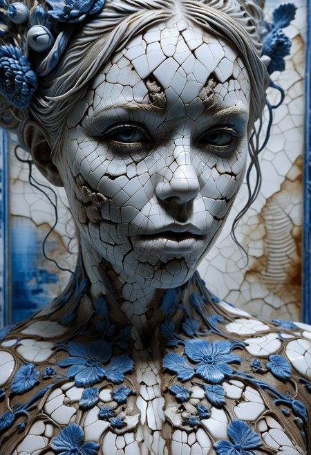 Close-up porcelain face, mysterious silhouette of a porcelain woman in worn down porcelain clothing, white and blue porcelain, alluring goddess, by Minjae Lee, Carne Griffiths, Emily Kell, Steve McCurry, Geoffroy Thoorens, Aaron Horkey, Jordan Grimmer, Greg Rutkowski, amazing depth, double exposure, surreal, geometric patterns, intricately detailed, bokeh,  perfect balanced, deep fine borders, artistic photorealism , smooth,  great masterwork by Suiras  <lora:add-detail-xl:2>  <lora:Double_Exposure:0.5>