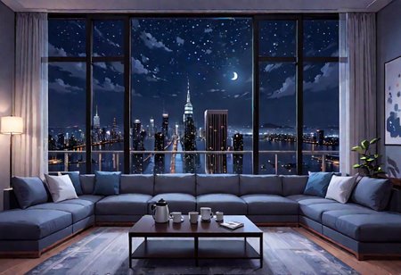 ((((front view)))), Shallow scene, ((animation style)), (((City high-rise building scenery))), ((((City scenery outside the window)))), ((sense of mystery)), (night), starry sky, moonlight, (weak light), (Facing the window), (open window), modern-style interior,  ((((sofa and coffee table by the window sill)))), Wooden floor, with white walls, (large windows), carpet, a living room, (((Sofa placed horizontally))), (Behind the sofa is the window sill),