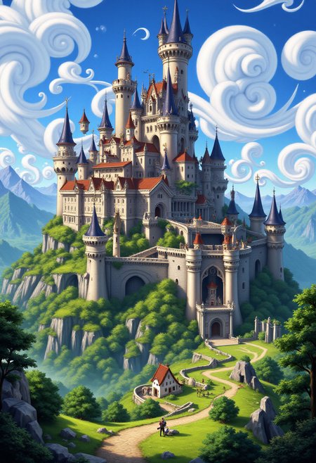 <lora:KFT_Curse_of_Dragons_Crown_Style_FLUX:1>
The image is a vibrant, digitally created kftfantasy illustration featuring   a medieval castle