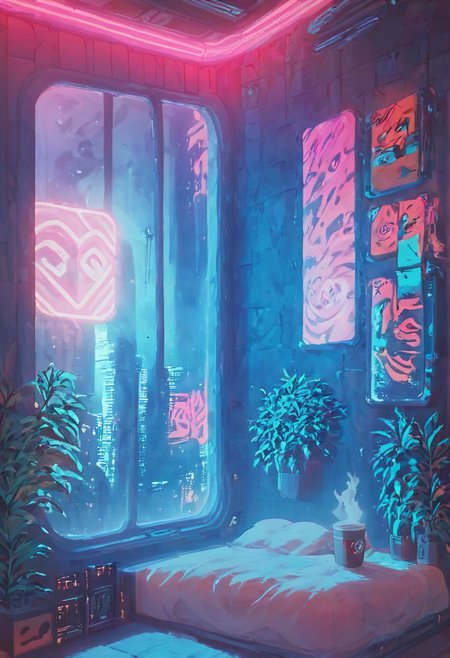 score_9,score_8_up,score_7_up,score_6_up, 
steaming coffee cup on windowsill, plants on the windowsill, wall of plants, monstera plant, large plant, tidy bedrrom, small room, cramped bedroom, teddies on the bed, cyberpunk city view out of the window, neon light, purple neon lights,