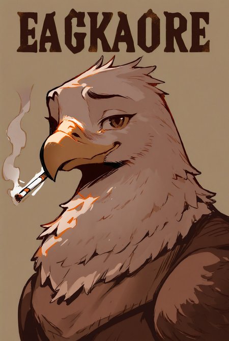 no humans, animal focus, eagle, general,

solo, smoking, smoke, cigarette, looking at viewer, raised eyebrows, smile, 

narute background, simple background, green background,

sepia, cowboy western, cover page, english text,

best quality, very awa, highres, newest