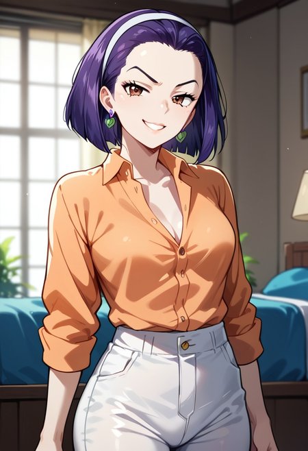 Expressiveh, score_9, score_8_up, score_7_up, source_anime, <lora:GreatM8_Style_XL_Pony_Revision:1>, greatm8 style, Tomoko Higashikata, earrings, 1girl, solo, smug, expressive eyes, brown eyes, purple hair, short hair, hair band, orange shirt, button-up shirt, white pants, perky breasts, fit body, (standing, sexy pose), (indoors, bedroom, dynamic lighting)