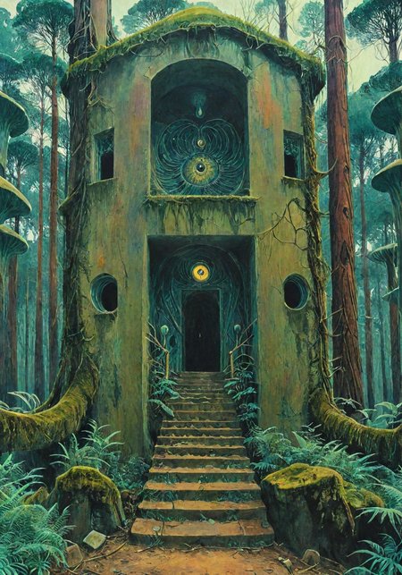 in the forest there is an unattached doorway through which you can see a staircase leading nowhere. unknown, psychedelic, b3ks1n, fenliexl, High Resolution, detailxl