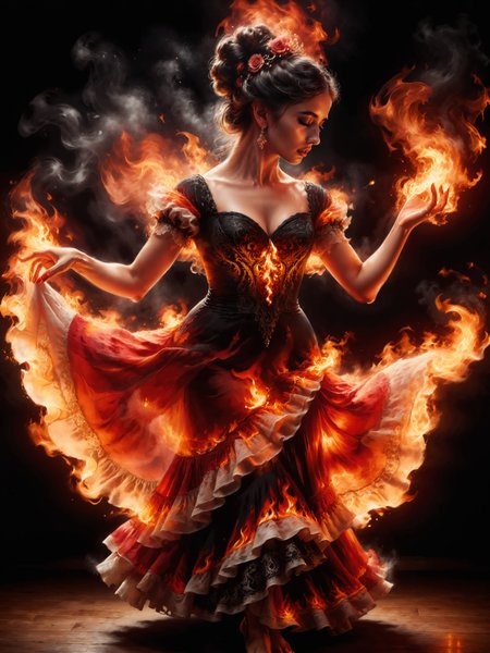 poster art, famous artwork by andrew atroshenko and artgerm and rembrandt and frank frazetta, a stunningly beautiful spanish female flamenco dancer wearing an ornate dress made of blazing fire, dancing, flamenco pose, sss, subsurface scattering, translucent fire element, blazing flames, intricate fabric, (perfect hands:1.4), closed eyes, dark makeup, dramatic, ultra detailed, ral-dissolve, overall_detail-xl-by_kaleidia <lora:add-detail-xl:2.0> <lora:more_artful-xl:0.6> <lora:special_effects-fire_element-xl-by_shan_bailing:0.8> <lora:subsurface_scattering_aka_what_does_the_snake_say-xl-by_ajuro:1.0> <lora:style-dissolve-sdxl-by_ralfinger:0.5> <lora:envybetterhiresfixxl01-xl:0.0:hr=1.0>