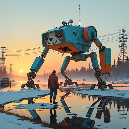 Cinematic, shot.
Dynamic view of an ancient goofy 12m tall disturbing (smiling) Sloth-shaped robot (and a man in front of it) in Simon Stalenhag's style from a futuristic era, at dusk hour with very long and realistic projected shadows, detailed frame, painting looks to be life like, on the ground, magical multicolored ink, high quality, imagination, fantasy art, vivid magical colors.
The shot takes place near an highway.
The robot is trying to cross an iced lake walking on four legs.
Many details everywhere. Ray-Tracing. Anti-Aliasing. Realistic reflections. Realistic soft shadows.
Slightly desaturated colors. 
Insane quality. Insane resolution. Insane details. Masterpiece.
16k resolution
By Simon Stalenhag.