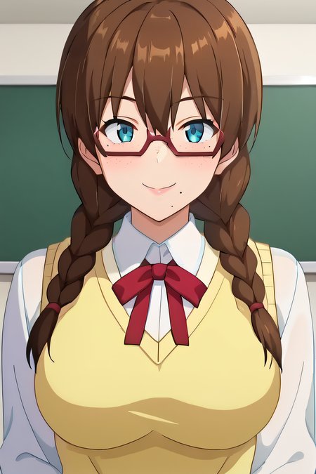 score_9, score_8_up, score_7_up, source_anime, rating_safe, intricate details, anime screencap, 1girl, solo, <lora:Sakurai_Erika:1>, sakuraierika, brown hair, blue eyes, mole under mouth, freckles, red-framed eyewear, twinbraids, glasses, large breasts, school uniform, collared shirt, white sleeves, yellow sweater vest, red_neck_ribbon, looking at viewer, smile, indoor, upper body, naughty face, blush