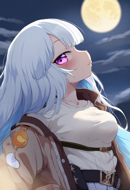masterpiece, hyper detailed, best quality,(furry:1.3),lize helesta, 1girl, virtual youtuber, solo, long hair, white sweater, sweater, white hair, multicolored hair, belt, blue hair, bangs, jacket, looking at viewer, moon, coat , parted lips, floating hair , breasts, medium breasts, long sleeves, crescent moon, skirt, colored inner hair  ,<lora:DAGASIXLlokr8f-000188:0.95>