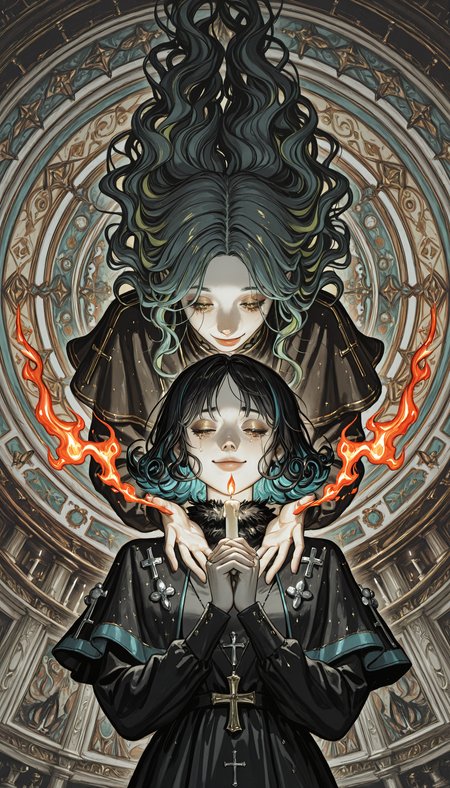 (JJ-Illu, re4lity_sync_illu,  fisheye, foreshortening, scenery, photo background, sketch, abstract_background, abstract_colors, guide_lines, bad_quality, traditional_media) 
long_hair, looking_at_viewer, smile, bangs, multiple_girls, black_hair, long_sleeves, original, 2girls, holding, green_eyes, blue_hair, closed_mouth, closed_eyes, yellow_eyes, flower, upper_body, green_hair, multicolored_hair, parted_lips, tears, hair_over_one_eye, black_dress, lips, two-tone_hair, grey_eyes, fur_trim, aqua_hair, parted_bangs, eyelashes, profile, makeup, capelet, floating_hair, colored_skin, wavy_hair, looking_down, half-closed_eyes, bug, cross, fire, own_hands_together, butterfly, pale_skin, portrait, pom_pom_(clothes), eyeshadow, curly_hair, colored_eyelashes, candle, limited_palette, flame, black_capelet, muted_color, surreal, abstract, praying