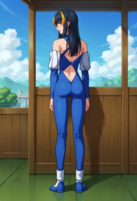 score_9,score_8_up,score_7_up,score_6_up,score_5_up,score_4_up,anime coloring,source_anime,<lora:Aisha_Gundam_SEED_Pony:0.7>,aisha,1girl,solo,green eyes,black hair,streaked hair,long hair,lipstick,blue bodysuit,clothing cutout,bare shoulders,detached sleeves,blue shoes,standing,arms_behind_back,terrace,sky,looking_back,from behind,