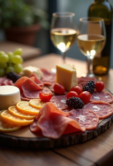 FIRST - A fancy Charcuterie board, beautiful, mouthwatering cold cuts, cured meats, various types of cheese, grapes, sundried tomatoes, a couple of glasses of white wine on the table, dynamic angle, relaxing atmosphere,
Photorealistic, Highly detailed, masterpiece, 4k, high resulution, great lighting, depth of field,