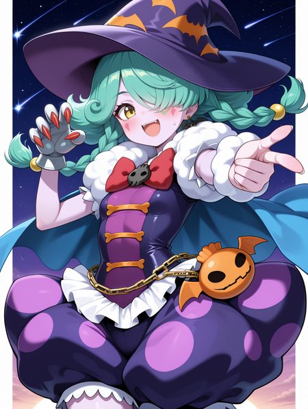single glove, claws,abyss actor - leading lady,1girl,solo,hair over one eye,star \(symbol\),pointing,open mouth,smile,blush,looking at viewer,bat bag,purple skin,skull hair ornament,purple witch hat,red bow,purple dress,purple bloomers,,single legwear,single wrist cuff,bat earrings,blue cape, shooting star, 
masterpiece,best quality,amazing quality,very aesthetic,absurdres,newest,<lora:Abyss Actor - Leading Lady illusXL v1.2:0.72>,