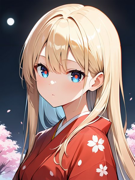 masterpiece, best quality, newest, absurdres, highres, safe,cute face,clean skin ,shiny hair,ultra-detailed-eyes,moon background,cute girl,blonde hair,long hair,straight hair,shiny blue eyes,red pupils,cherry blossom,kimono,