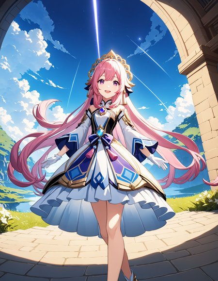 Hoyoearth, 1girl, solo, long hair, looking at viewer, smile, open mouth, bangs, simple background, hair ornament, gloves, white background, dress, very long hair, purple eyes, full body, pink hair, multicolored hair, frills, white gloves, wide sleeves, tassel, vision (genshin impact), half gloves, bow-shaped hair, very detailed, cinematic angle, outdoors, ultra sharp, rembrandt lighting, side lighting, cinematic shading, cinematic lighting, foreshortening, detailed background, Hoyoverse, masterpiece, best quality , official art , <lora:hoyoverse_SDXL:0.8>
