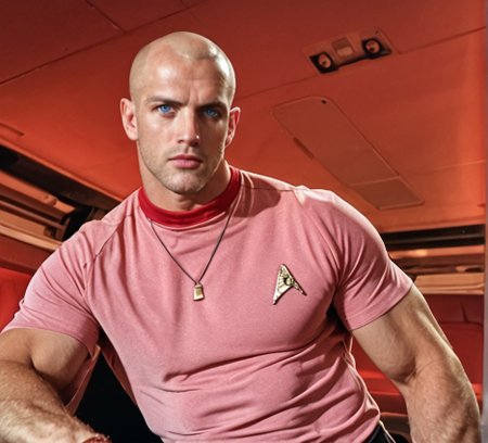 1boy, 20 year old male, Handsome, masculine, blonde, star trek, red shirt, muscle,  tall, tight shirt, wide pectorals, big shoulders, wide shoulders, muscular neck, German, standing at attention, bald, big pale blue eyes, abs, biceps, serious facial expression, phaser rifle, hand, long bulge in his pants, ((((view from below)))),
1960 black dress pants, pants,
stunf, star trek uniform, uss enterprise ncc-1701 interior background, star trek, space ship interior, 1960s TV,